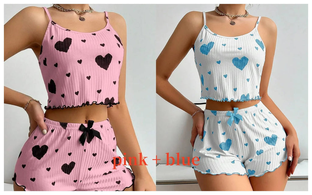 Ensemble de Pyjamas d’Amour pour Femmes – Vêtements de Nuit Courts 2 Pièces, Doux et Respirant