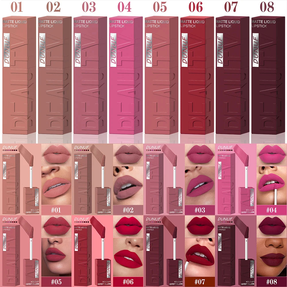 Rouge à Lèvres Velours Mat – 8 Couleurs, Facile à Appliquer, Imperméable, Tube Carré Tridimensionnel