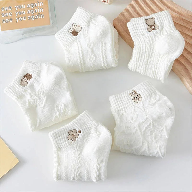 Lot de 5 Paires de Chaussettes Femme Courtes – Imprimés Ours, Lapin & Fleurs