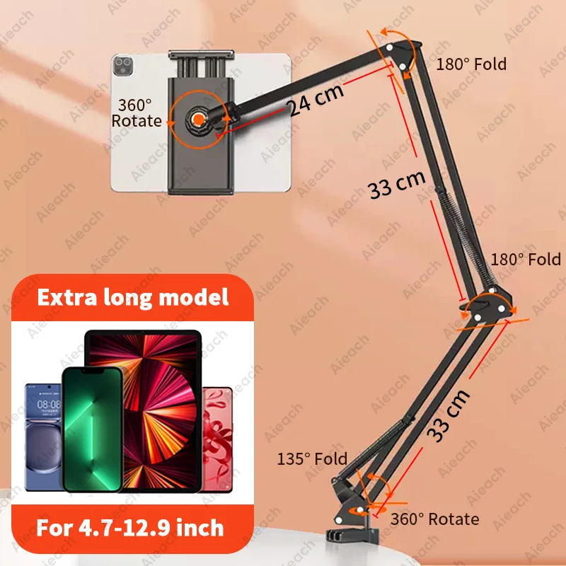 Support de Tablette et Téléphone pour Lit – Bras Métallique 90 cm Rotatif 360°