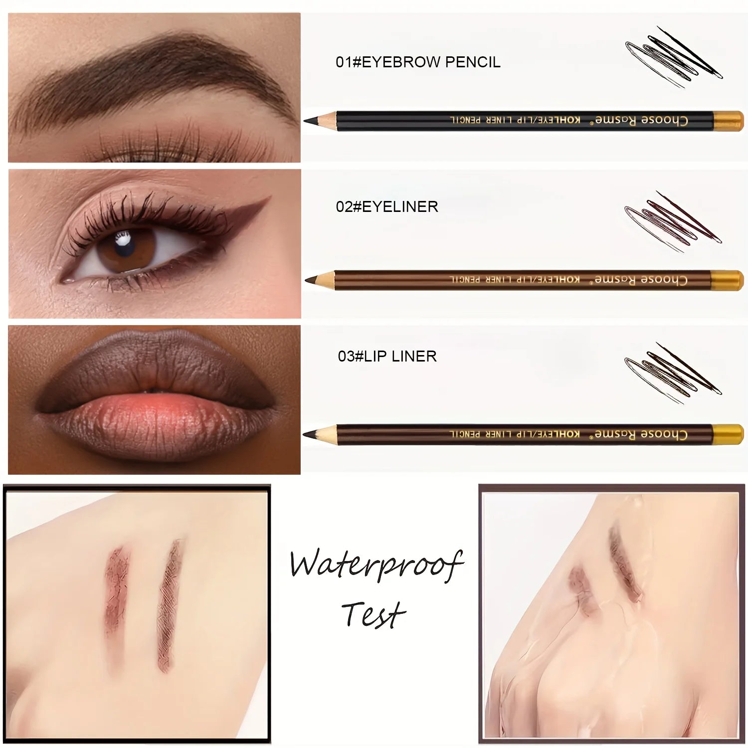Set de 3 Crayons Eyeliner, Sourcils et Lèvres 3-en-1
