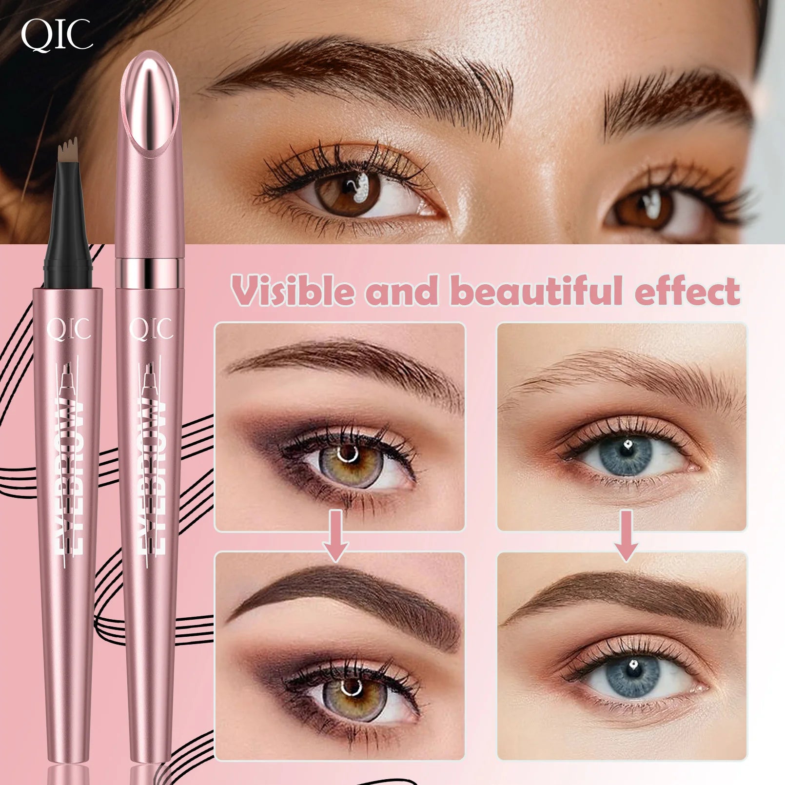 Crayon à Sourcils Magique 4 Fourchettes – Microblading 3D, Imperméable & Couleur Naturelle