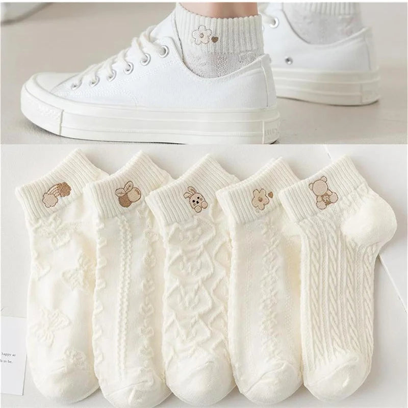 Lot de 5 Paires de Chaussettes Femme Courtes – Imprimés Ours, Lapin & Fleurs