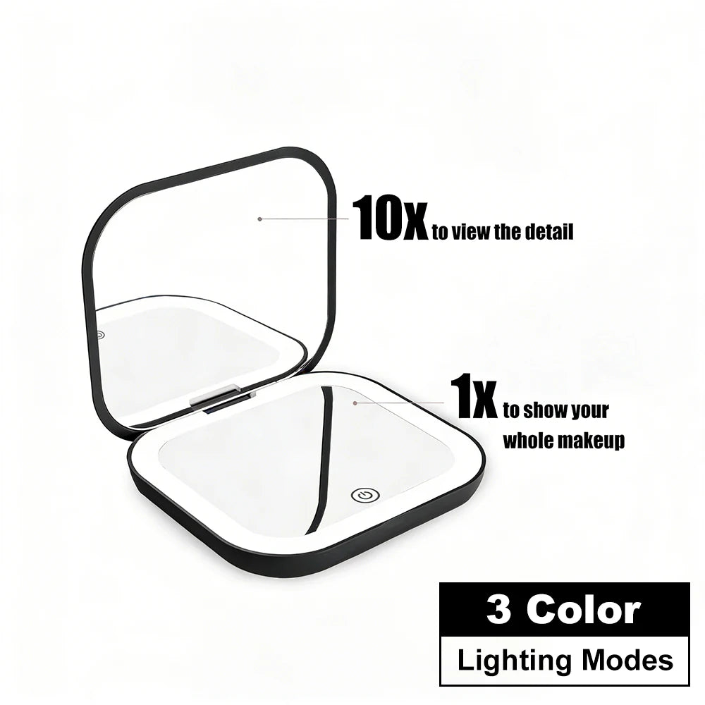 Miroir Compact LED Rechargeable et Pliable – Grossissement 1X/2X, Double Face, Format Poche