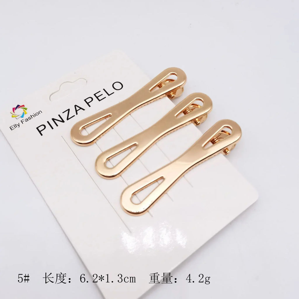 Set de 3 Pinces à Cheveux Métal Doré Style Coréen – Barrettes Ajourées pour Frange, Mèches & Coiffure Quotidienne