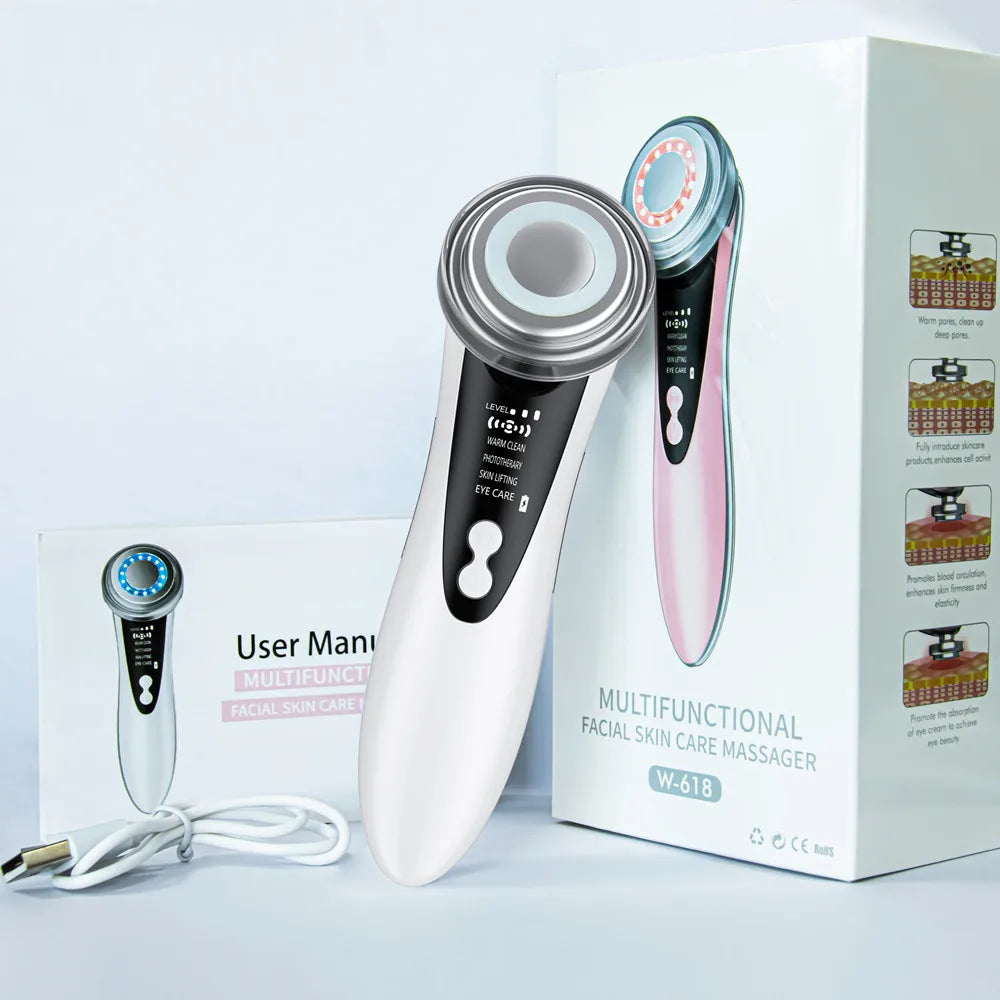 Masseur Facial EMS à Lumière LED, Vibrant et Chauffant
