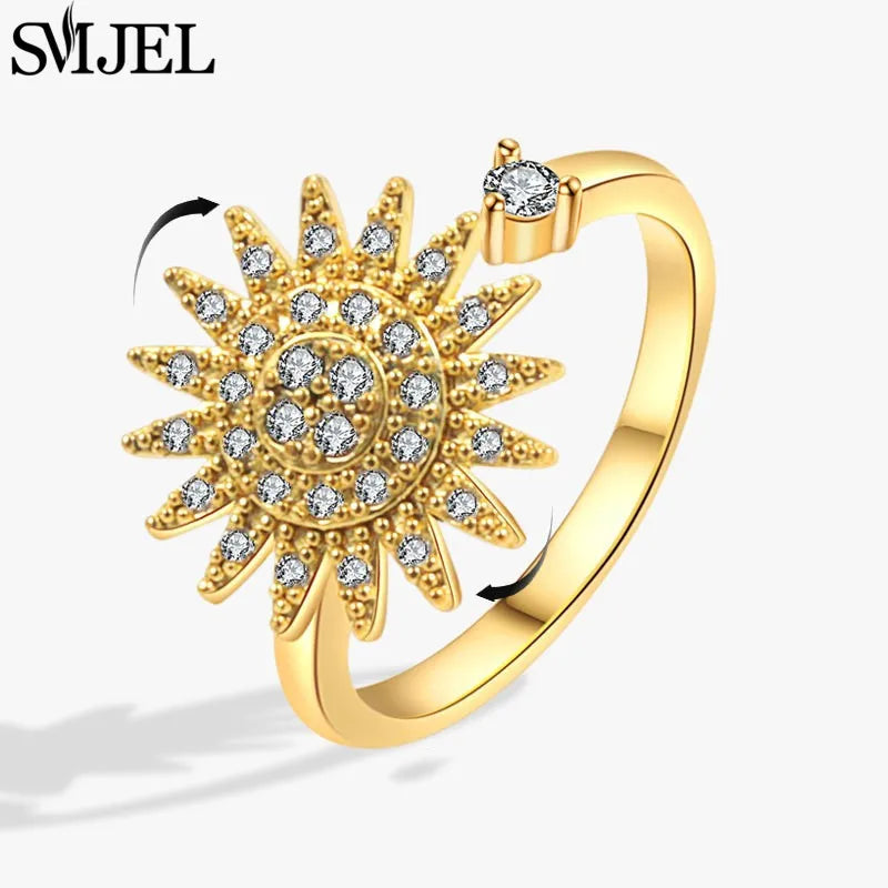 Bague Spinner en Cristal – Papillon & Tournesol, Bague Anti-Anxiété Rotative pour Femme, Bijoux Tendance