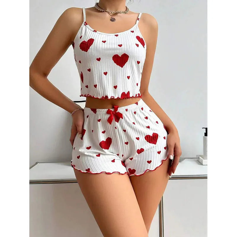 Ensemble de Pyjamas d’Amour pour Femmes – Vêtements de Nuit Courts 2 Pièces, Doux et Respirant
