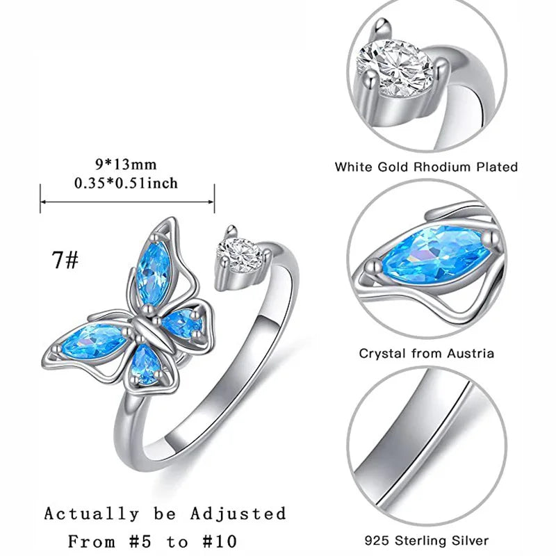 Bague Spinner en Cristal – Papillon & Tournesol, Bague Anti-Anxiété Rotative pour Femme, Bijoux Tendance