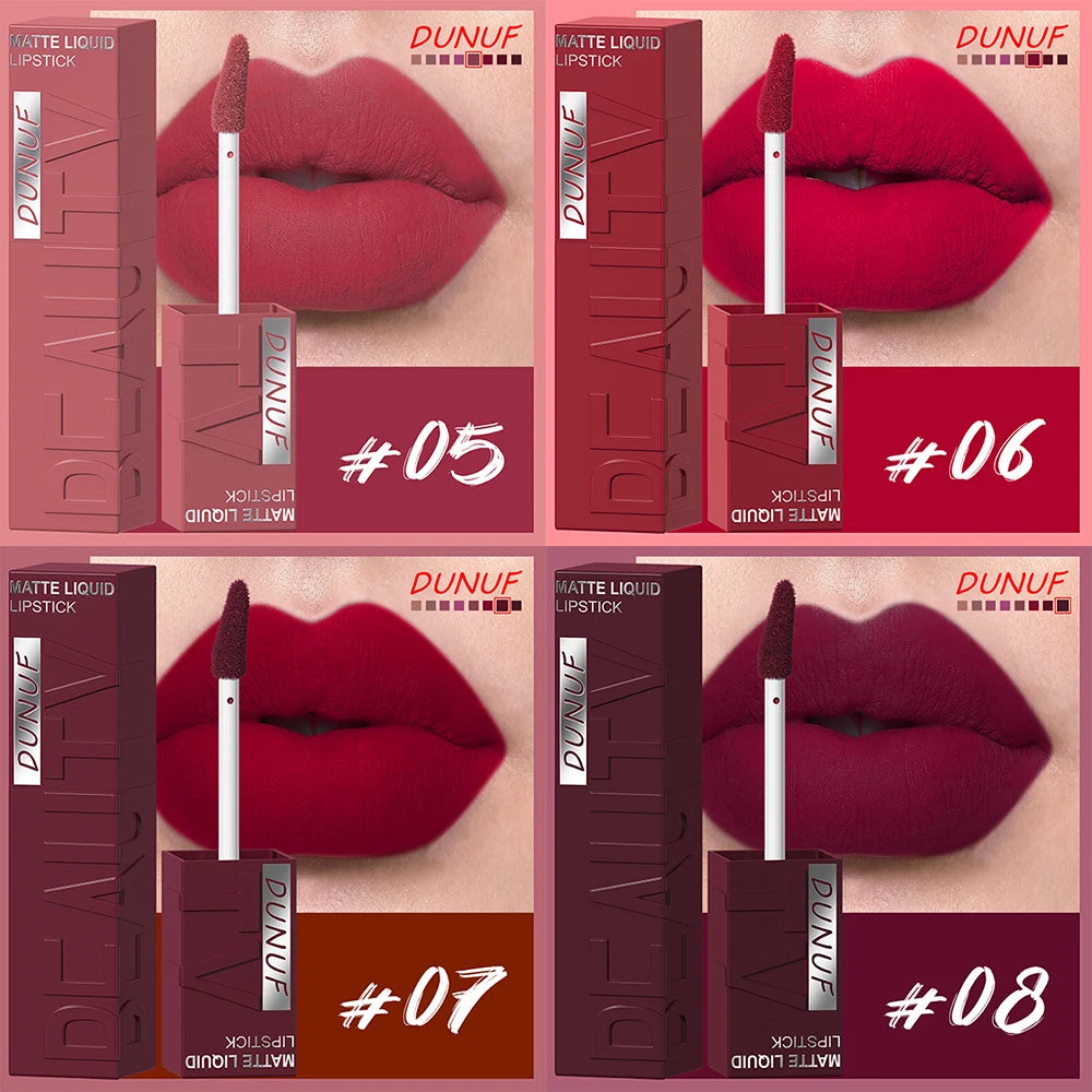 Rouge à Lèvres Velours Mat – 8 Couleurs, Facile à Appliquer, Imperméable, Tube Carré Tridimensionnel