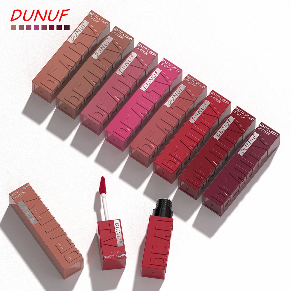 Rouge à Lèvres Velours Mat – 8 Couleurs, Facile à Appliquer, Imperméable, Tube Carré Tridimensionnel