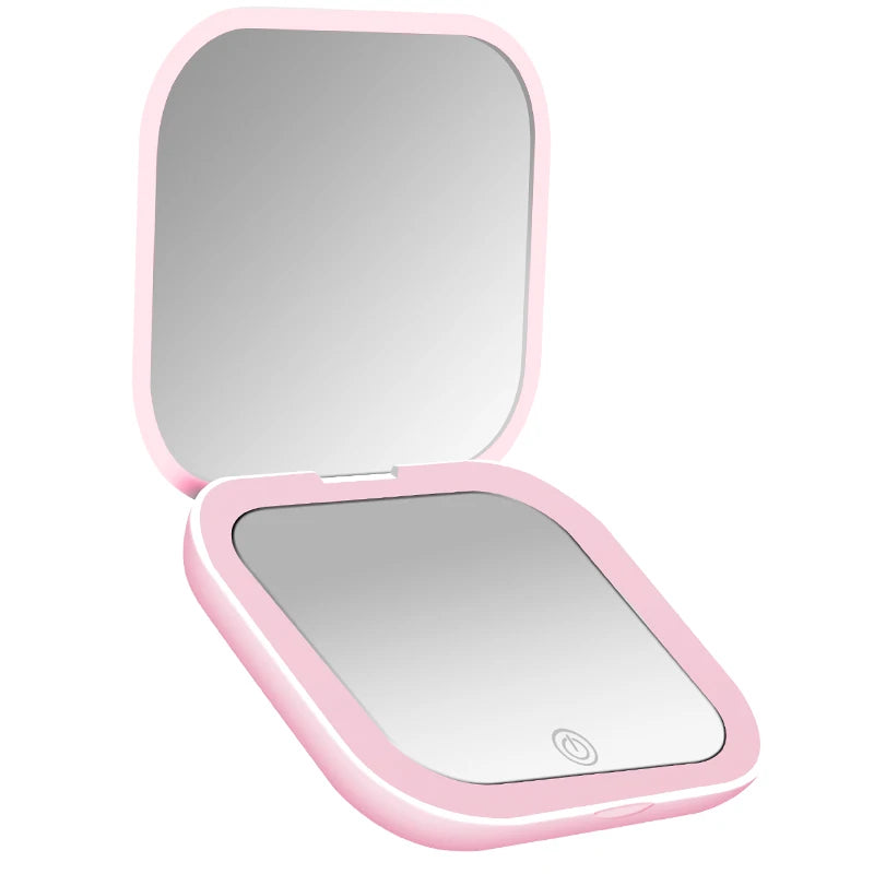 Miroir Compact LED Rechargeable et Pliable – Grossissement 1X/2X, Double Face, Format Poche