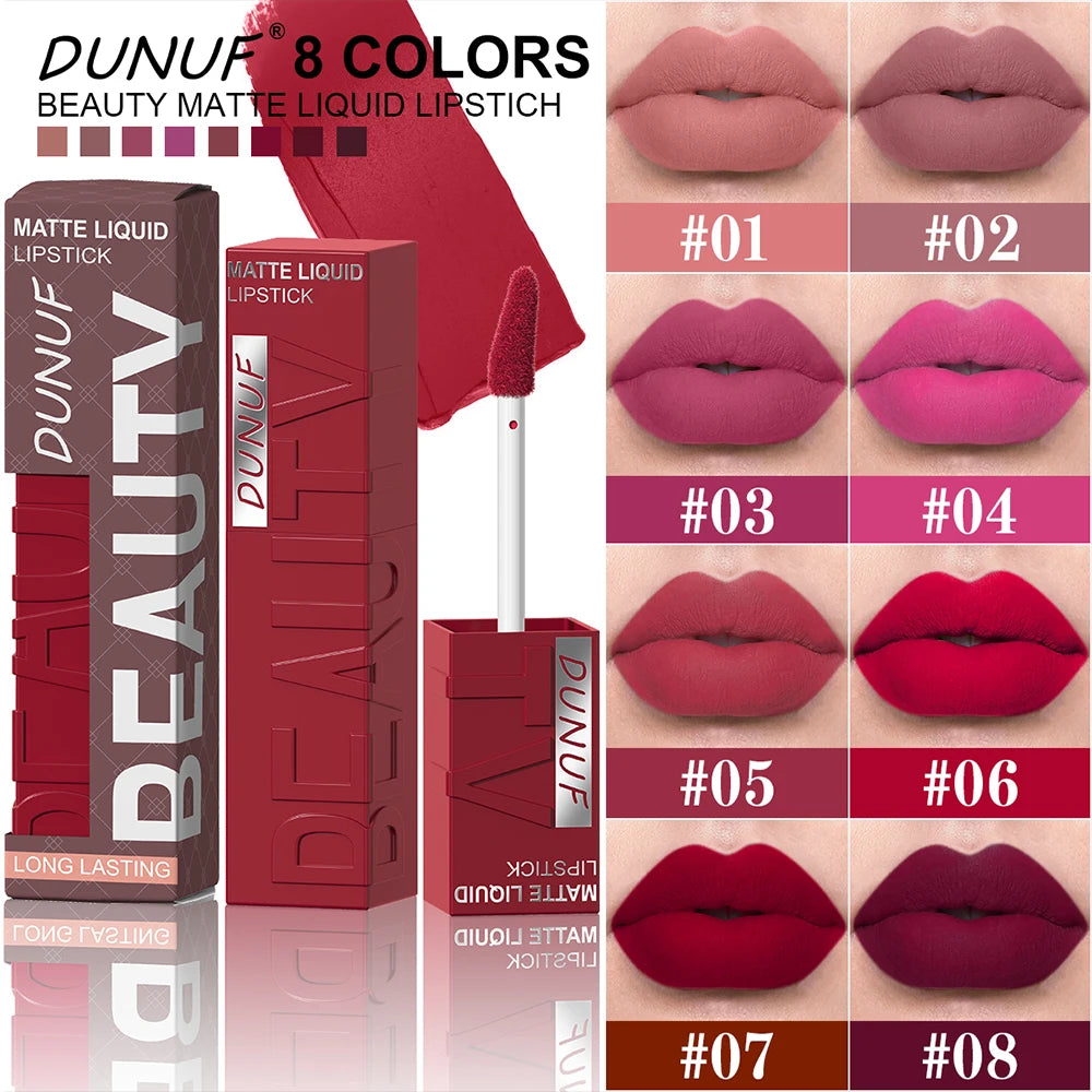 Rouge à Lèvres Velours Mat – 8 Couleurs, Facile à Appliquer, Imperméable, Tube Carré Tridimensionnel