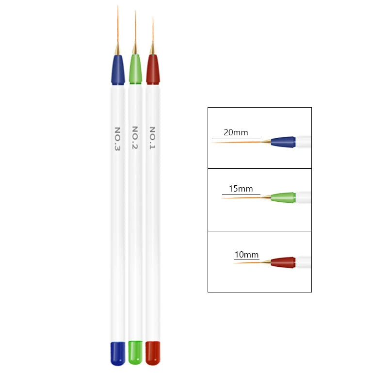 Set de 3 Stylos Pinceaux Nail Art en Acrylique – Lignes Fines, Dessin 3D et Gel UV