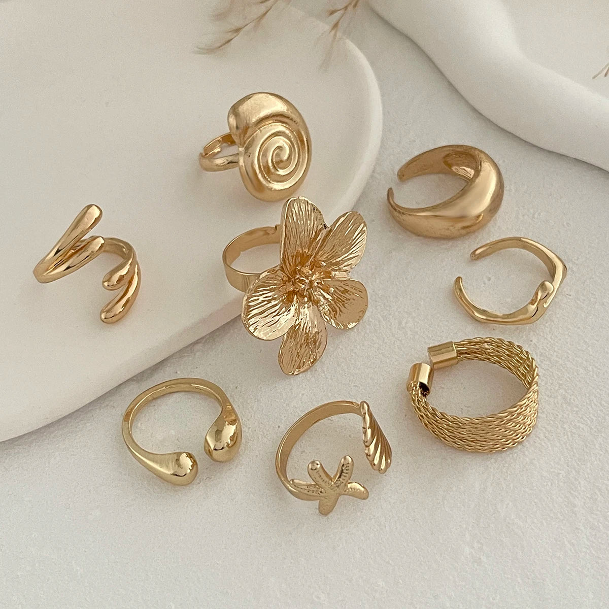 Ensemble de 8 Bagues Ouvertes Vintage pour Femmes - Model Océan