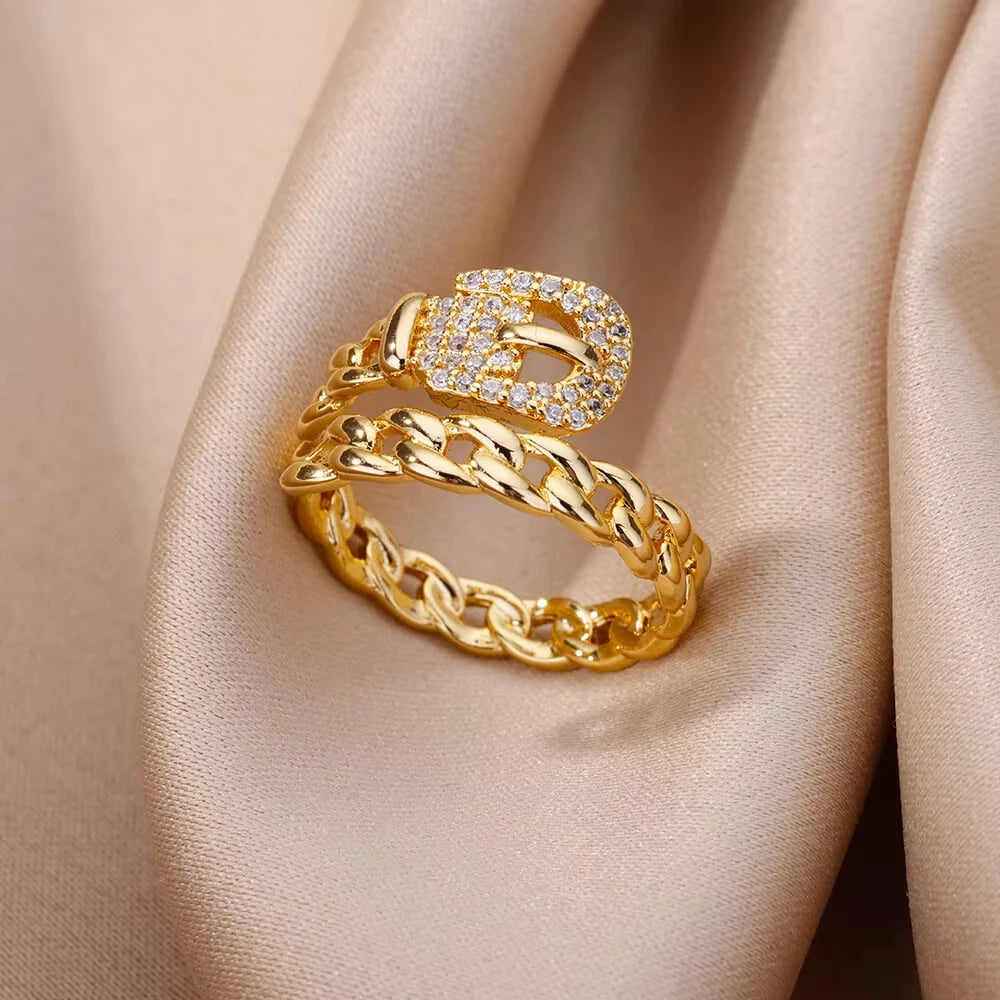 Bague Géométrique en Acier Inoxydable Couleur Or 18K – Zircon & Œil Protecteur
