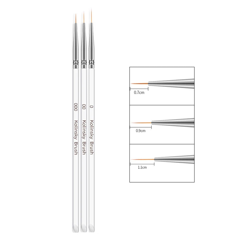 Set de 3 Stylos Pinceaux Nail Art en Acrylique – Lignes Fines, Dessin 3D et Gel UV