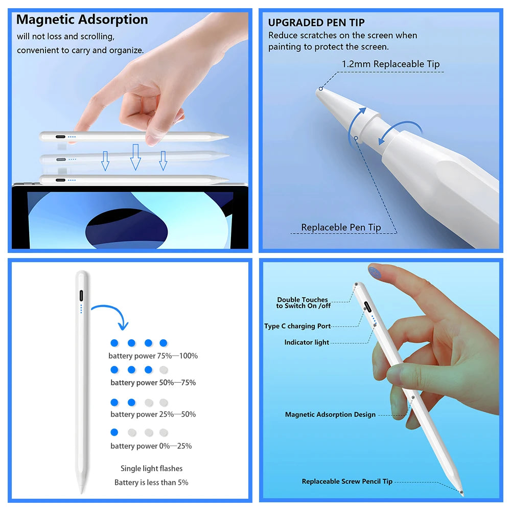 Stylet actile pour IPad – Apple Pencil Compatible avec Indicateurs LED