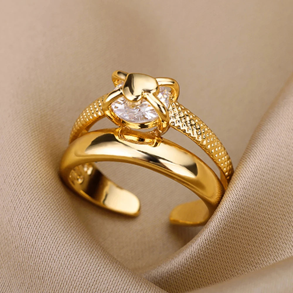 Bague Géométrique en Acier Inoxydable Couleur Or 18K – Zircon & Œil Protecteur