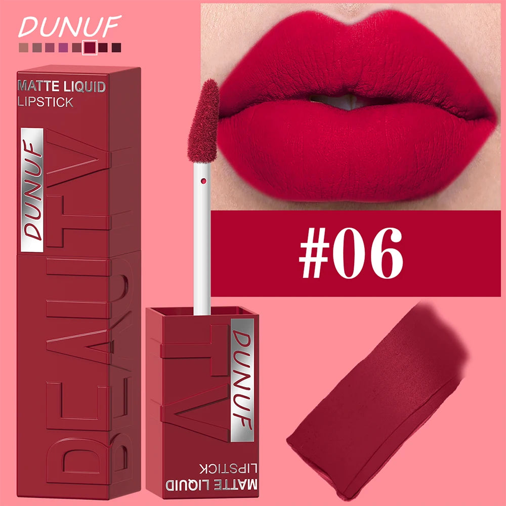 Rouge à Lèvres Velours Mat – 8 Couleurs, Facile à Appliquer, Imperméable, Tube Carré Tridimensionnel