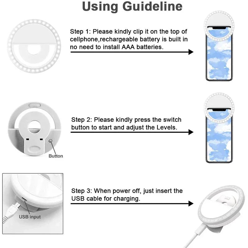 Anneau Lumineux LED Selfie – Recharge USB – Compatible iPhone & Android
