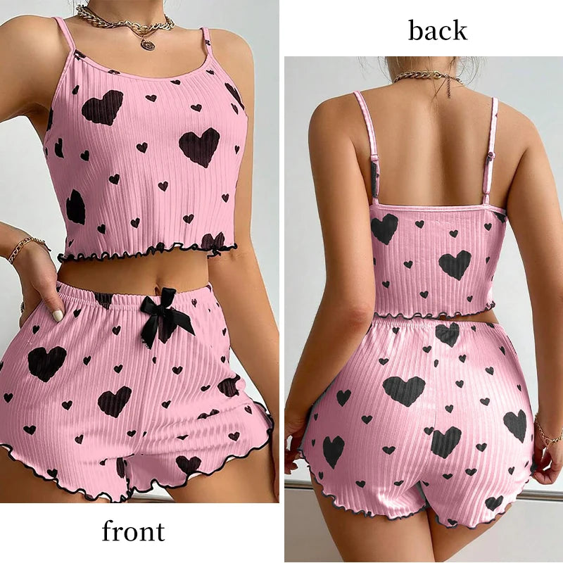 Ensemble de Pyjamas d’Amour pour Femmes – Vêtements de Nuit Courts 2 Pièces, Doux et Respirant