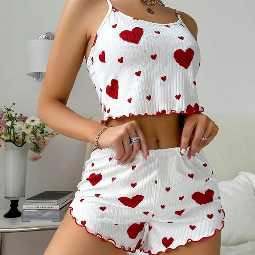 Ensemble de Pyjamas d’Amour pour Femmes – Vêtements de Nuit Courts 2 Pièces, Doux et Respirant