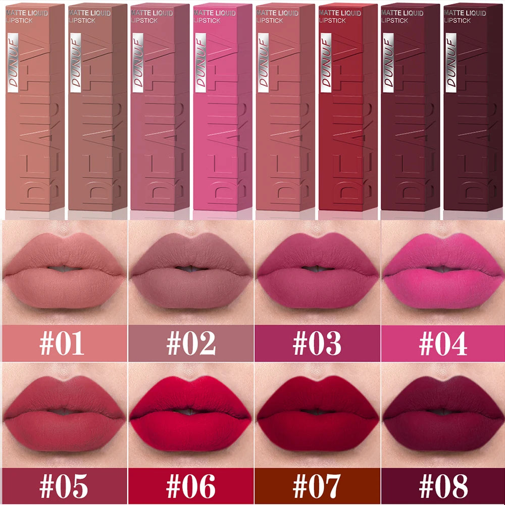 Rouge à Lèvres Velours Mat – 8 Couleurs, Facile à Appliquer, Imperméable, Tube Carré Tridimensionnel