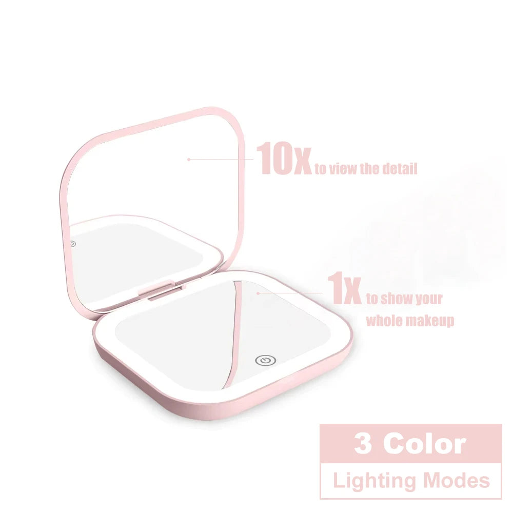 Miroir Compact LED Rechargeable et Pliable – Grossissement 1X/2X, Double Face, Format Poche