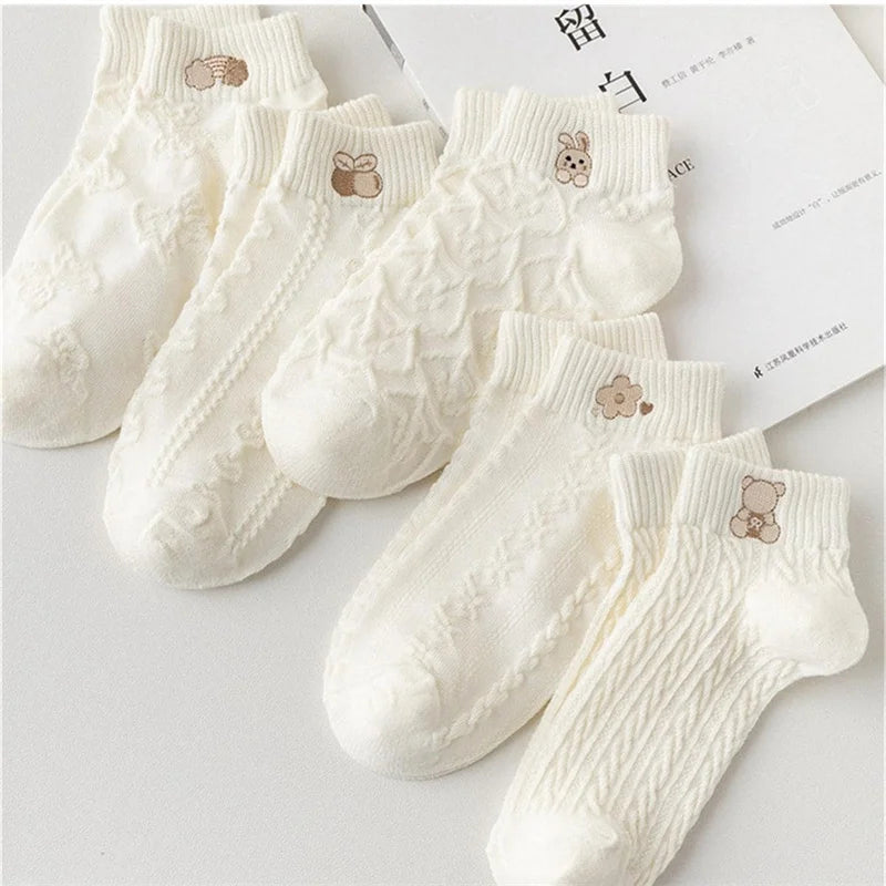 Lot de 5 Paires de Chaussettes Femme Courtes – Imprimés Ours, Lapin & Fleurs
