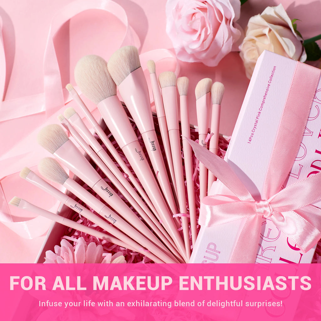 Set de Pinceaux de Maquillage Professionnel Rose Premium avec Poil Vegan – 14 pièces