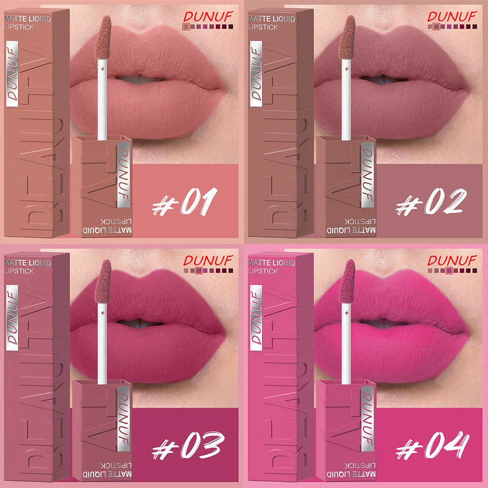 Rouge à Lèvres Velours Mat – 8 Couleurs, Facile à Appliquer, Imperméable, Tube Carré Tridimensionnel