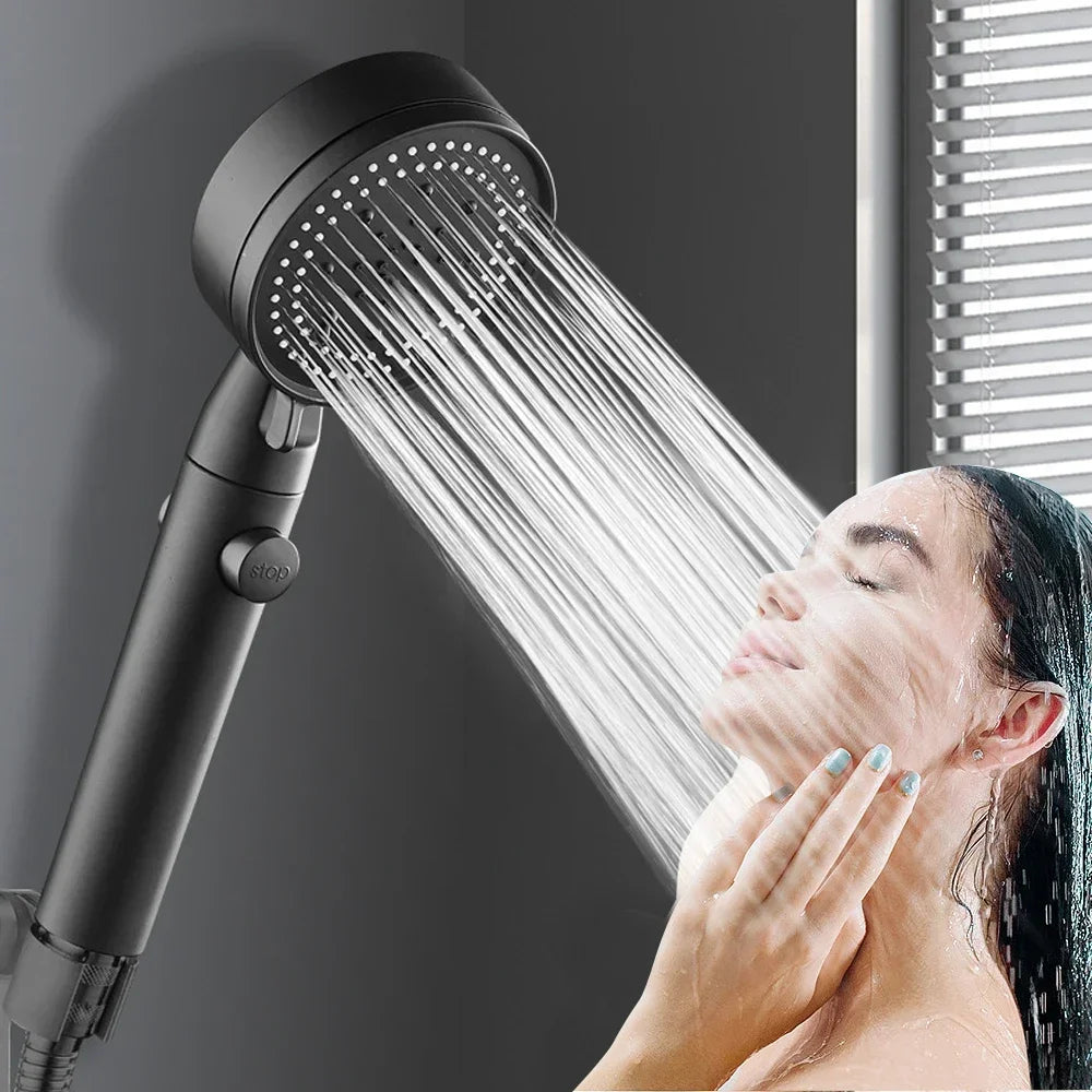 Pommeau de Douche Haute Pression à Economie d’Eau, 5 Modes Réglables, Bouton Stop, avec Tuyau Inox – Acryonitrile Butadiène Styrène