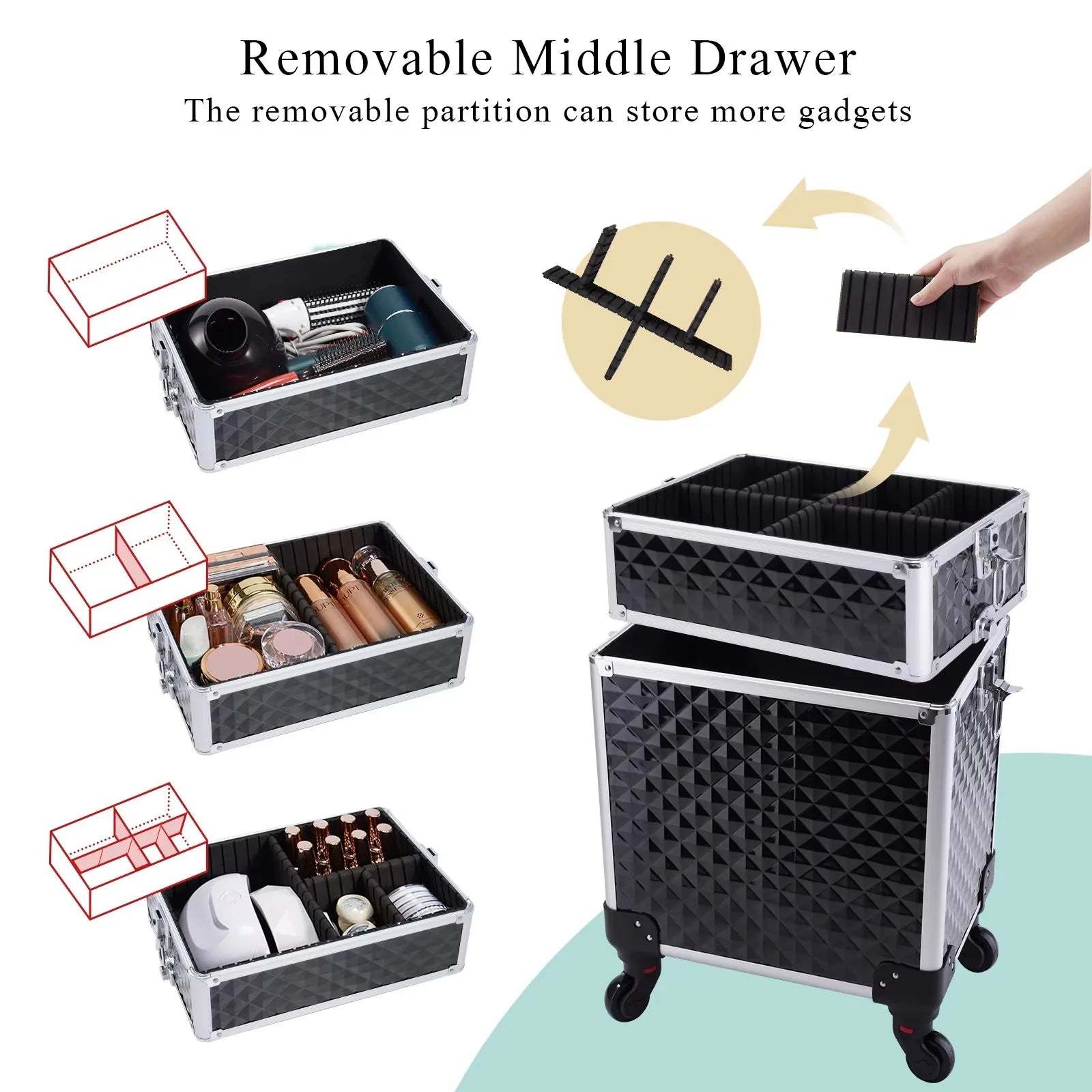 Valise de Maquillage Roulante 3 en 1 – Grande Capacité & Adapter pour Salon de Beauté