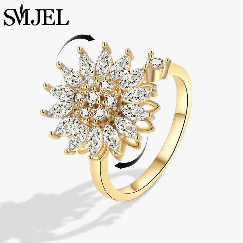 Bague Spinner en Cristal – Papillon & Tournesol, Bague Anti-Anxiété Rotative pour Femme, Bijoux Tendance