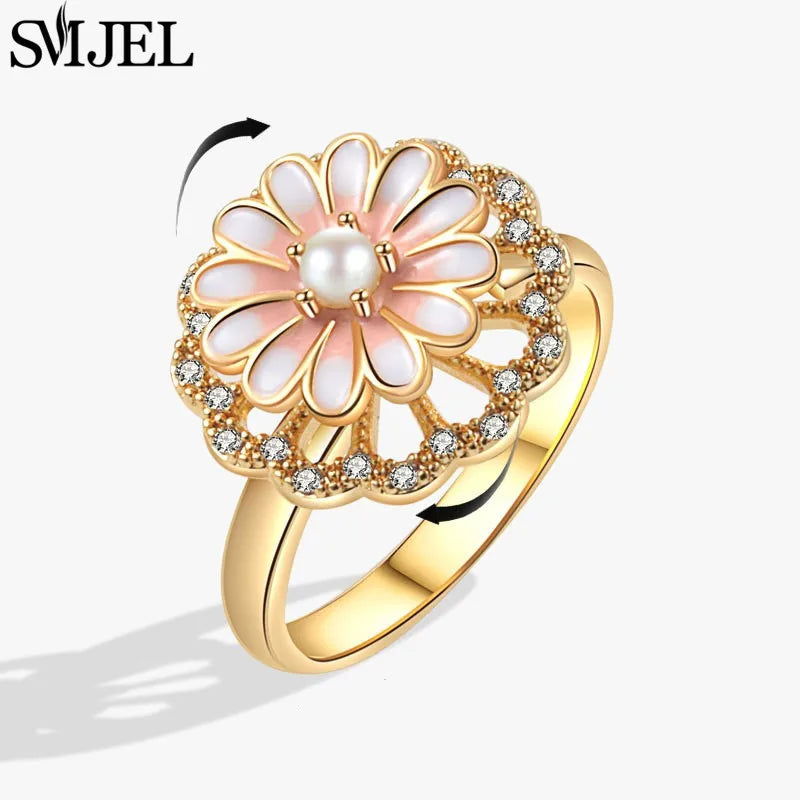 Bague Spinner en Cristal – Papillon & Tournesol, Bague Anti-Anxiété Rotative pour Femme, Bijoux Tendance