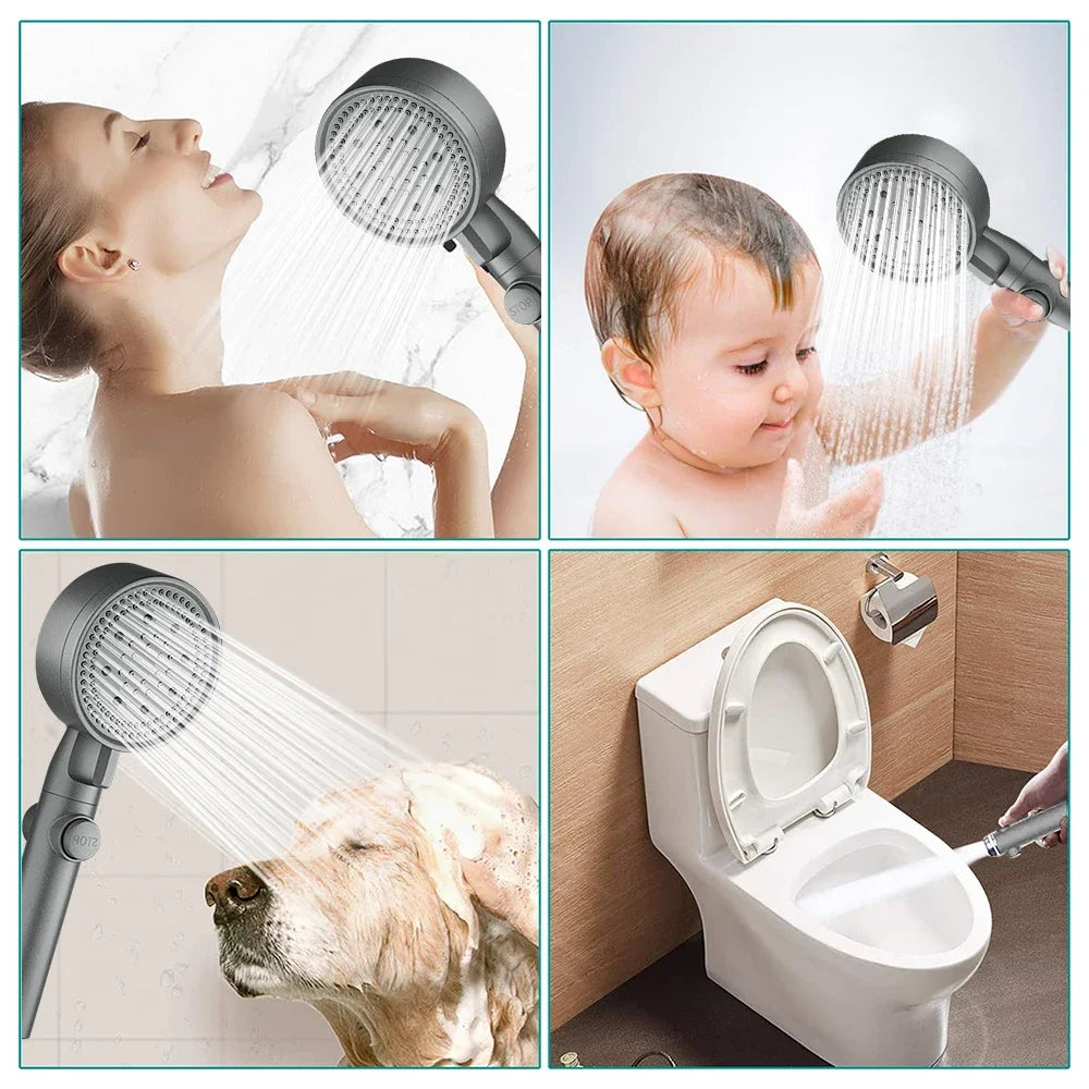 Pommeau de Douche Haute Pression à Economie d’Eau, 5 Modes Réglables, Bouton Stop, avec Tuyau Inox – Acryonitrile Butadiène Styrène