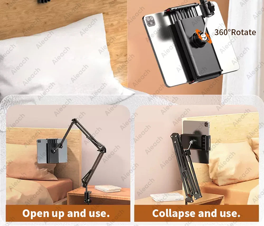 Support de Tablette et Téléphone pour Lit – Bras Métallique 90 cm Rotatif 360°