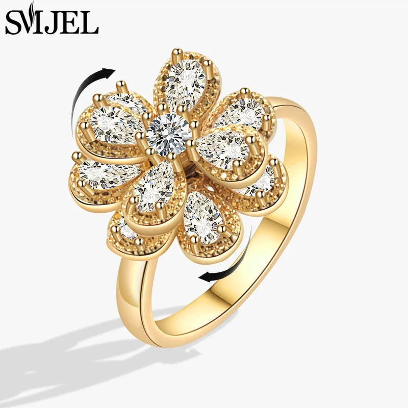 Bague Spinner en Cristal – Papillon & Tournesol, Bague Anti-Anxiété Rotative pour Femme, Bijoux Tendance