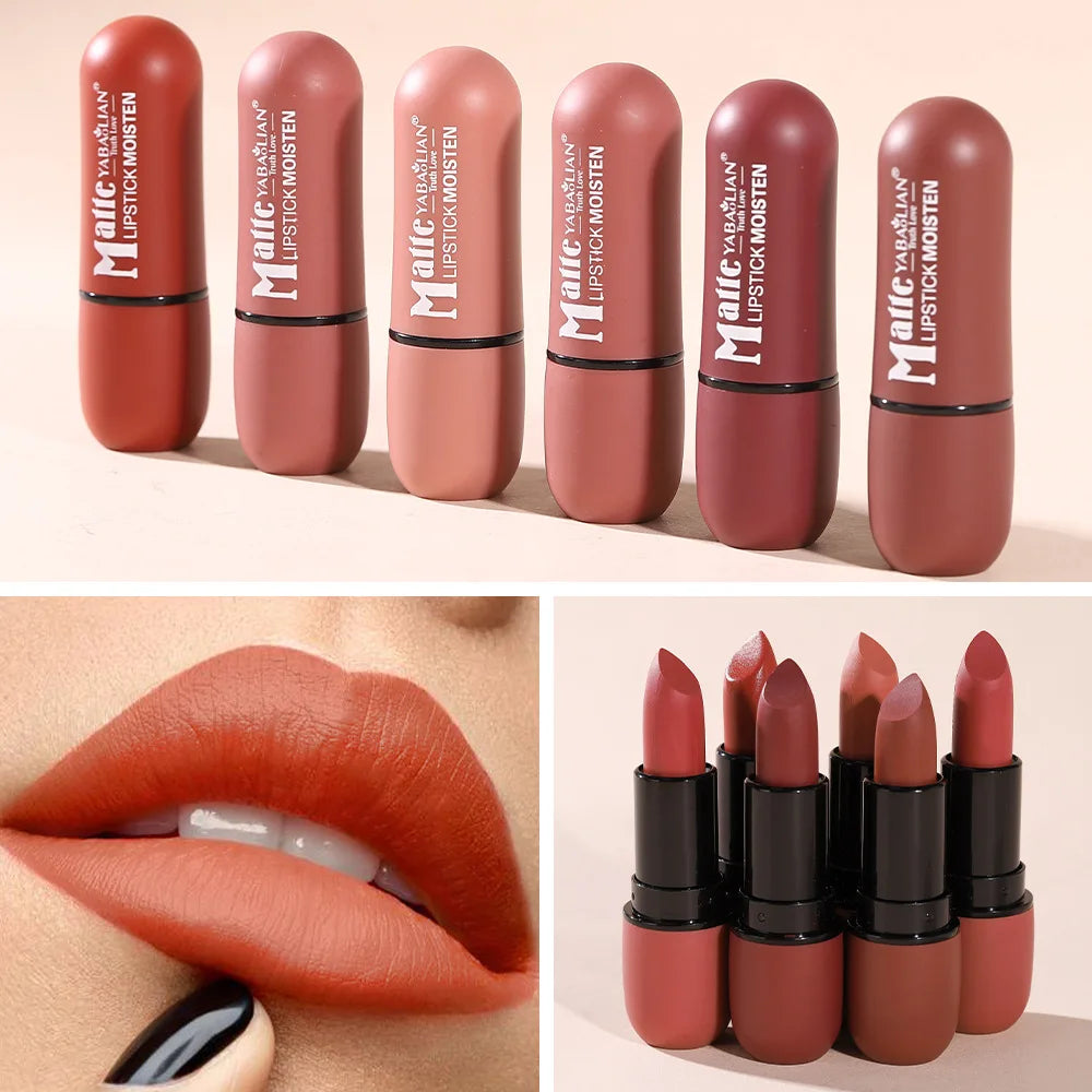 Rouge à Lèvres Mat 6 Couleurs – Velours, Imperméable & Longue Durée