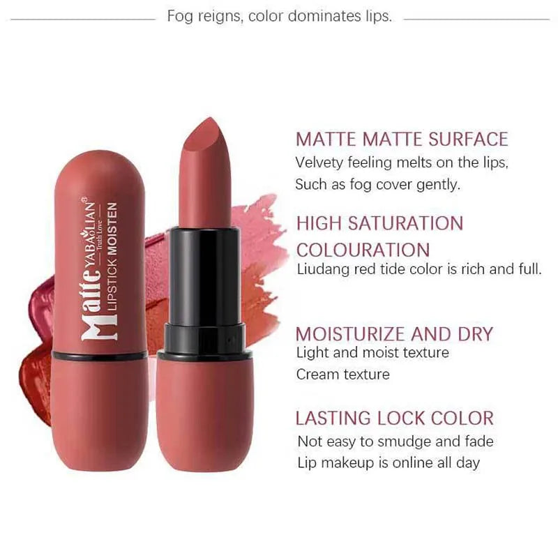 Rouge à Lèvres Mat 6 Couleurs – Velours, Imperméable & Longue Durée
