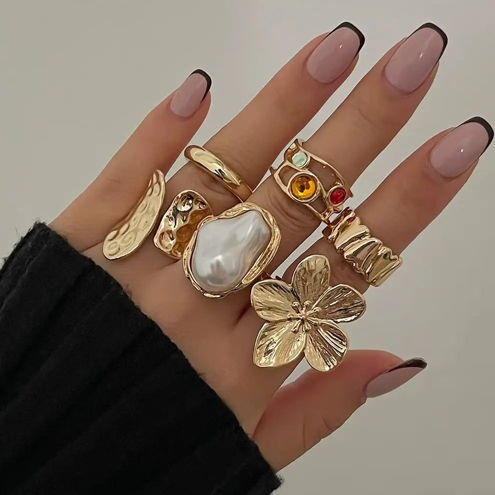 Bague Fleur Métal Irrégulière – Style Baroque & Perle Imitation