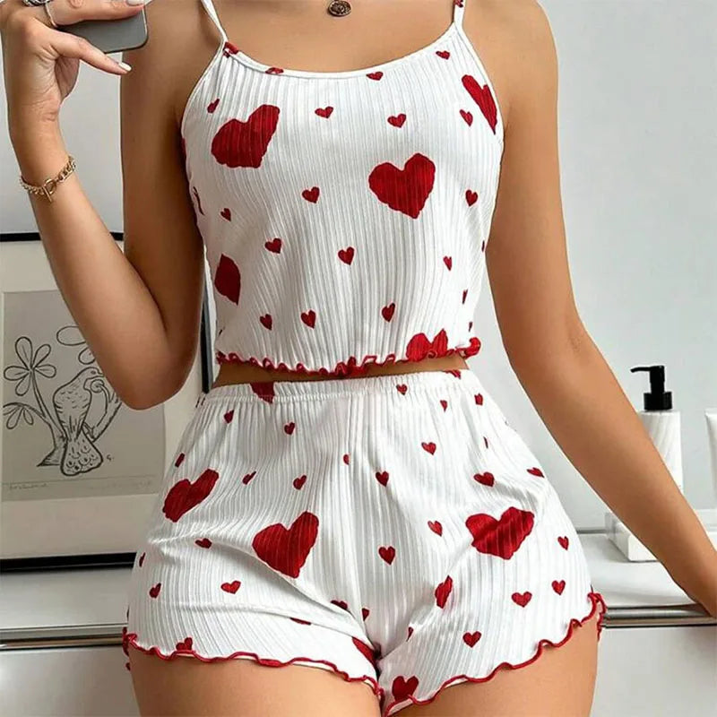 Ensemble de Pyjamas d’Amour pour Femmes – Vêtements de Nuit Courts 2 Pièces, Doux et Respirant