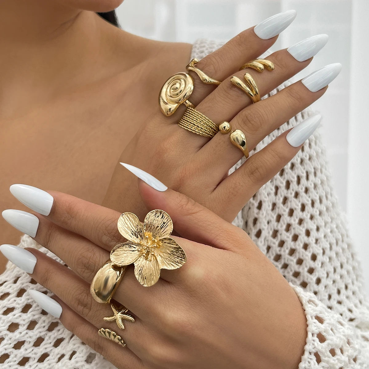 Ensemble de 8 Bagues Ouvertes Vintage pour Femmes - Model Océan