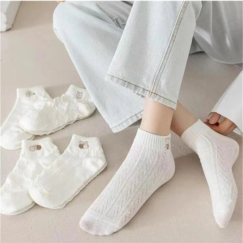 Lot de 5 Paires de Chaussettes Femme Courtes – Imprimés Ours, Lapin & Fleurs