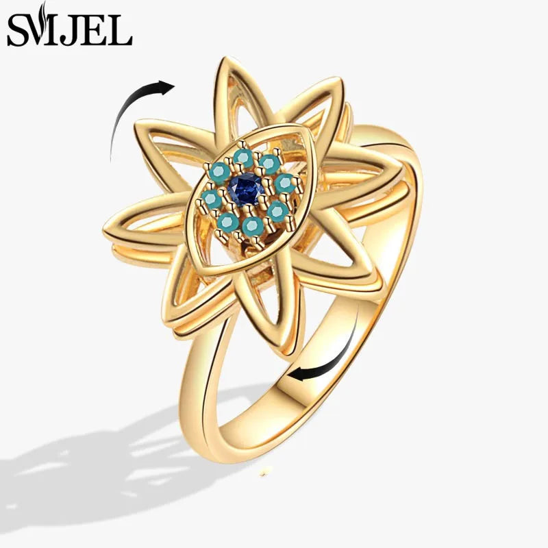 Bague Spinner en Cristal – Papillon & Tournesol, Bague Anti-Anxiété Rotative pour Femme, Bijoux Tendance
