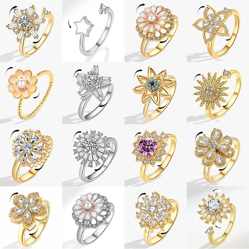 Bague Spinner en Cristal – Papillon & Tournesol, Bague Anti-Anxiété Rotative pour Femme, Bijoux Tendance