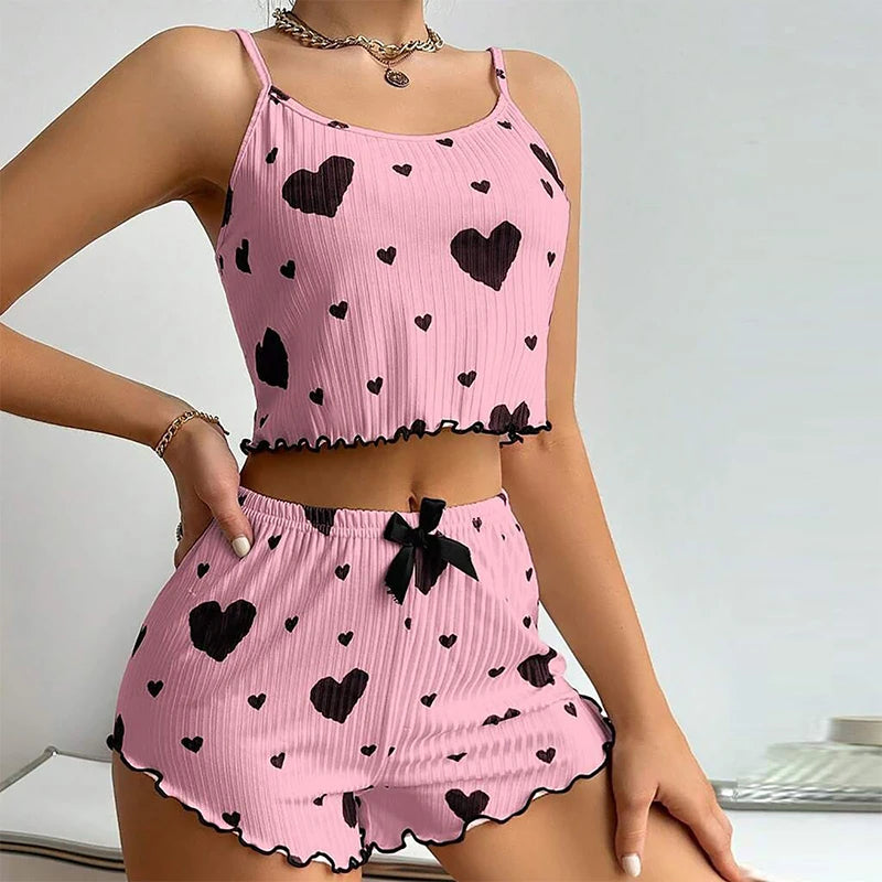 Ensemble de Pyjamas d’Amour pour Femmes – Vêtements de Nuit Courts 2 Pièces, Doux et Respirant
