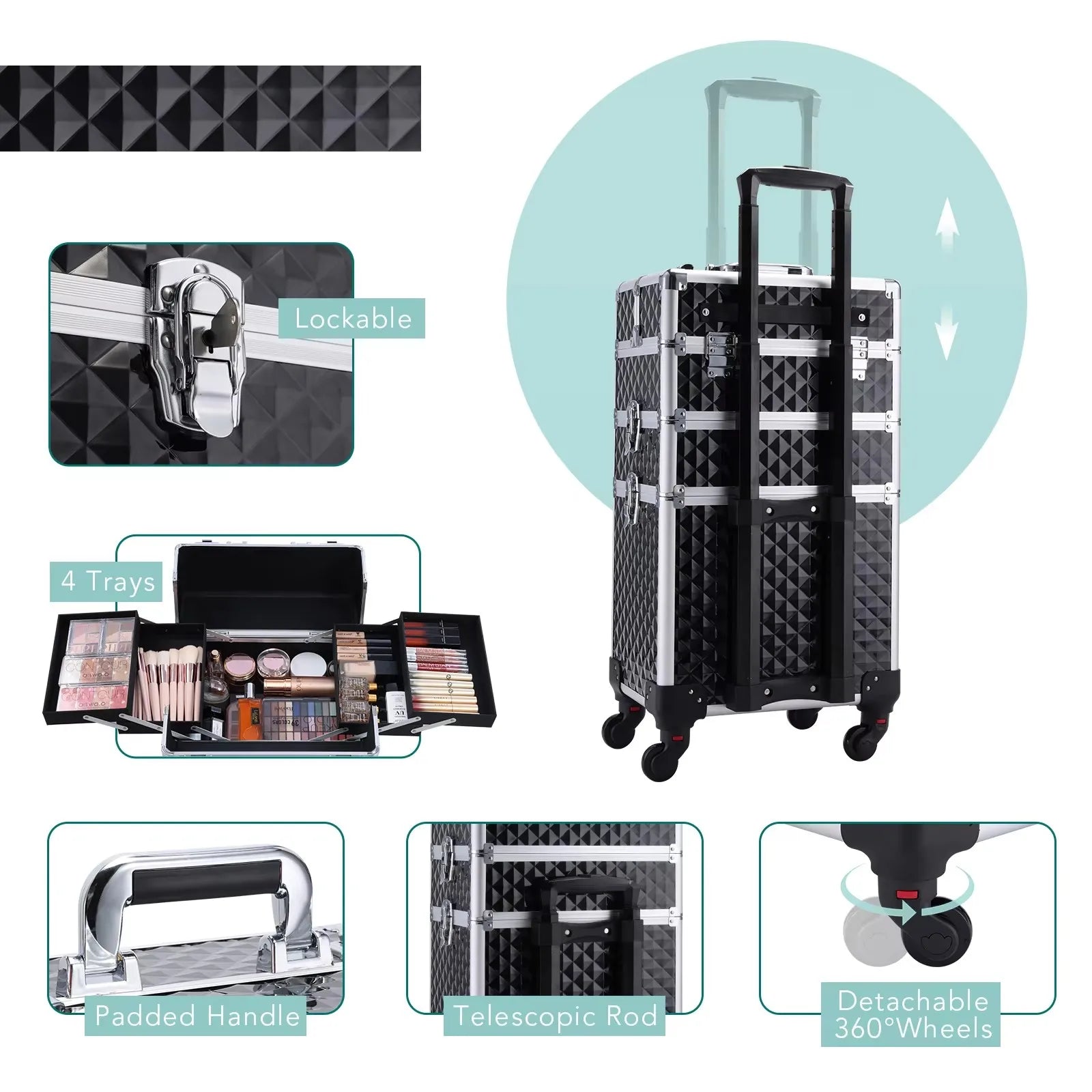 Valise de Maquillage Roulante 3 en 1 – Grande Capacité & Adapter pour Salon de Beauté