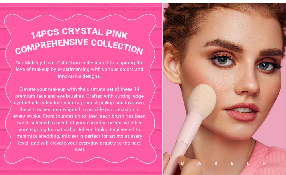 Set de Pinceaux de Maquillage Professionnel Rose Premium avec Poil Vegan – 14 pièces